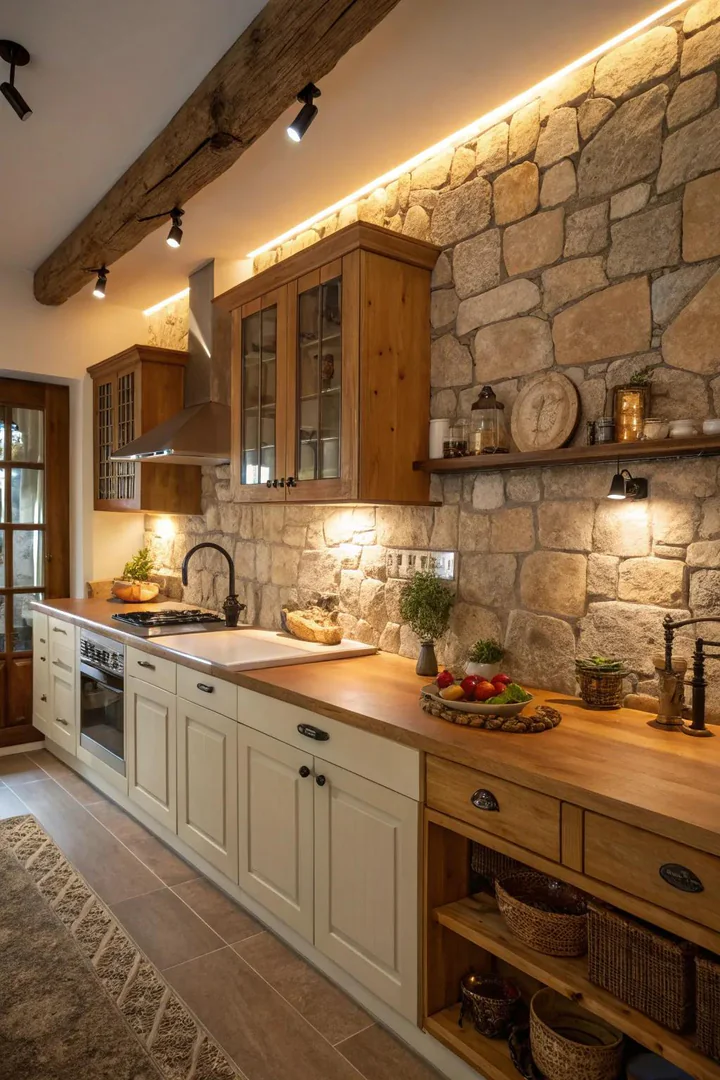 Natural stone and wood materials in a kitchen remodel.