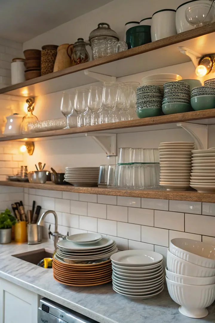 Open shelving on a kitchen wall displaying dishes and jars.