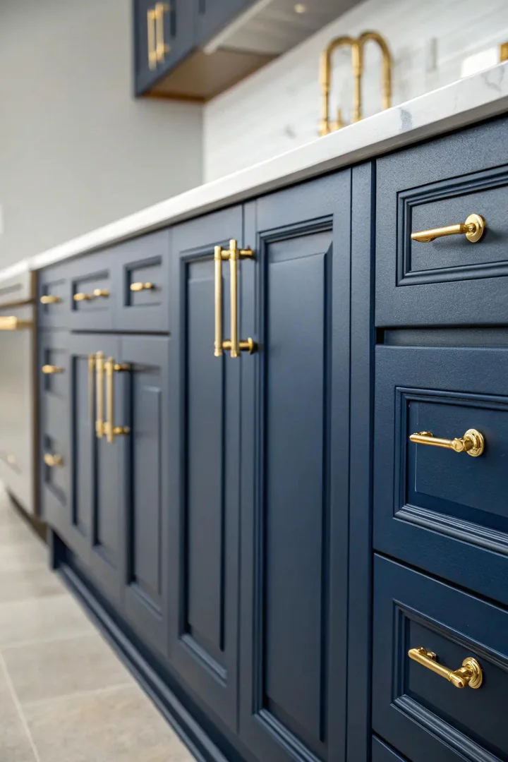 Navy blue kitchen cabinets with gold hardware.