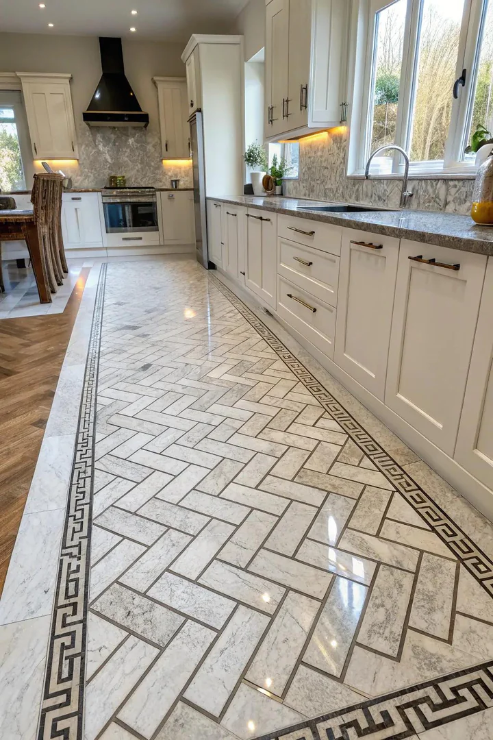 Patterned polished marble kitchen floor.