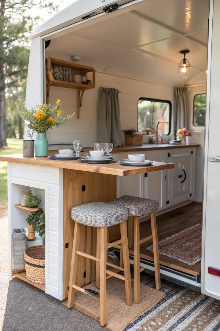 Narrow island with a countertop overhang and two bar stools
