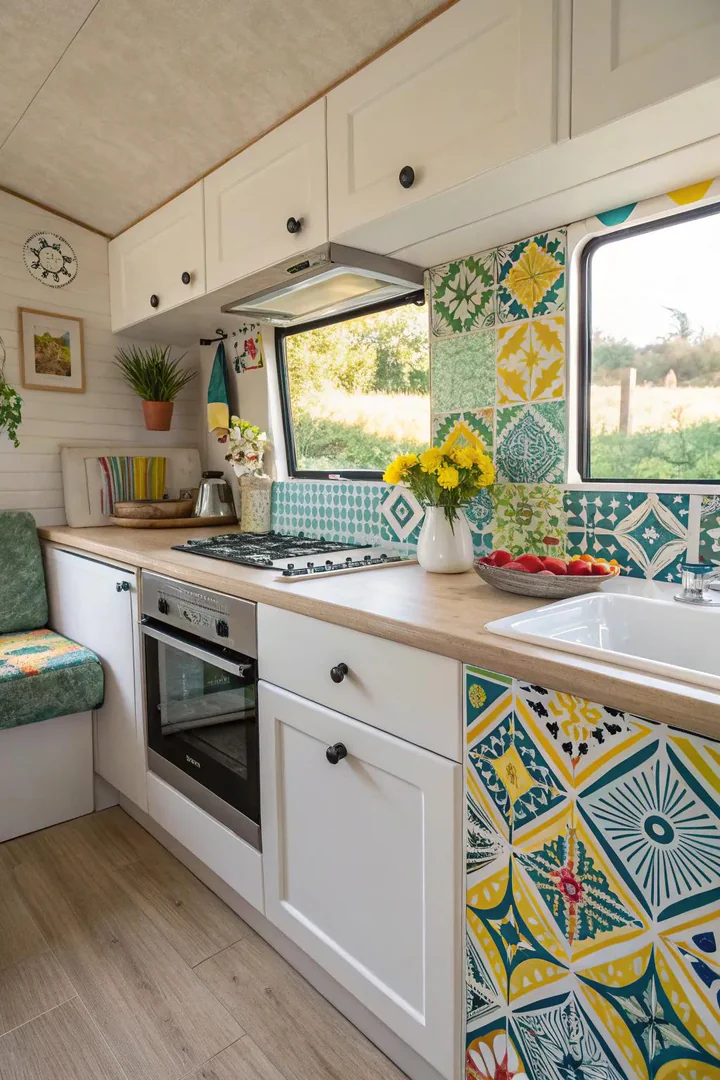 Stylish backsplash upgrade in a mobile home kitchen.
