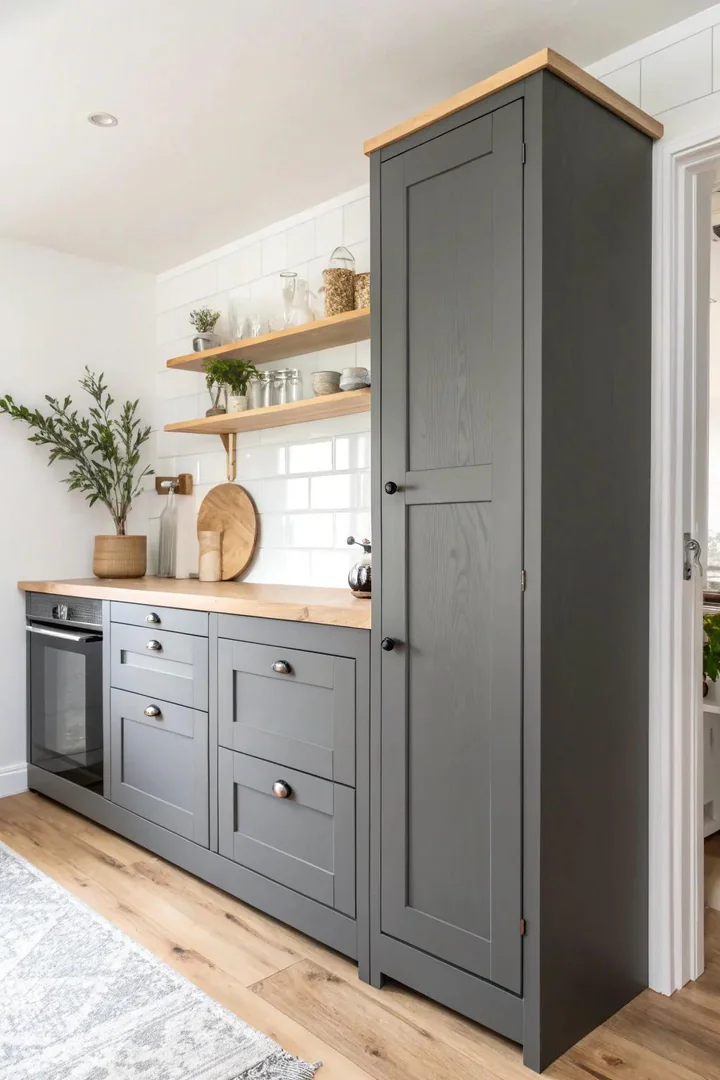 Chic charcoal gray painted kitchen cabinets.