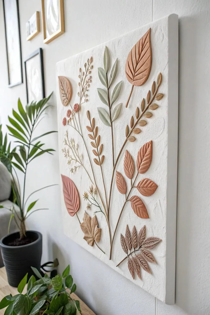 Nature-inspired botanical relief in polymer clay.