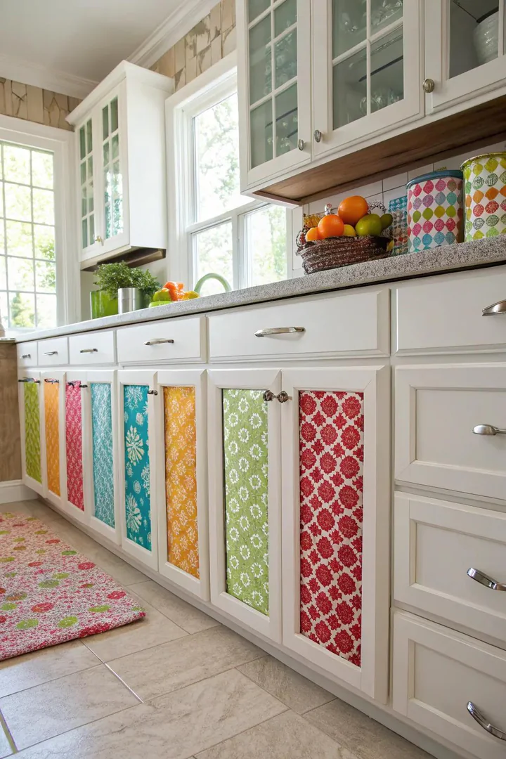 Cabinet shelf lined with patterned contact paper