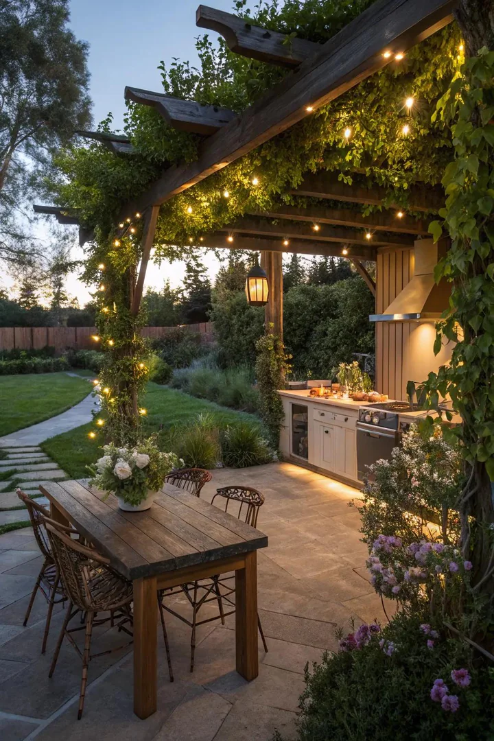 Pergola-covered outdoor cooking area.