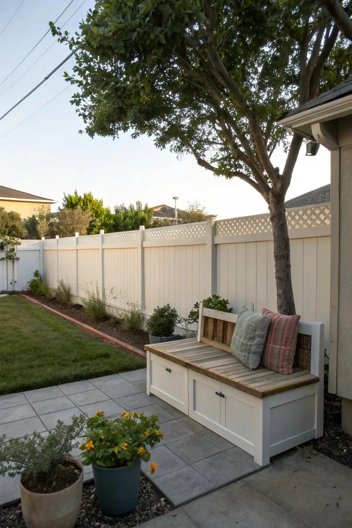 Outdoor bench with built-in storage compartment and a fold-out table surface in a small yard