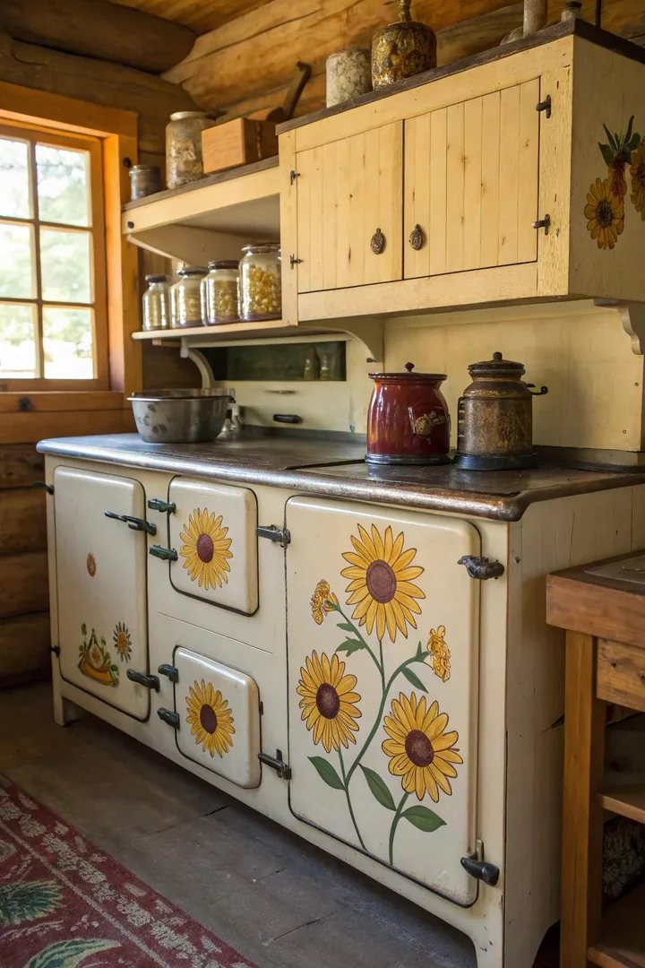 Rustic sunflower stencil design on kitchen cabinets.