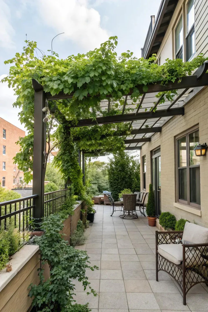 Compact cedar pergola attached to a townhouse wall providing partial shade over a dining set