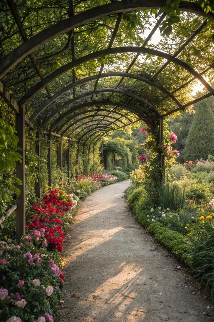 Pathway tunnel arbor with climbing vines.