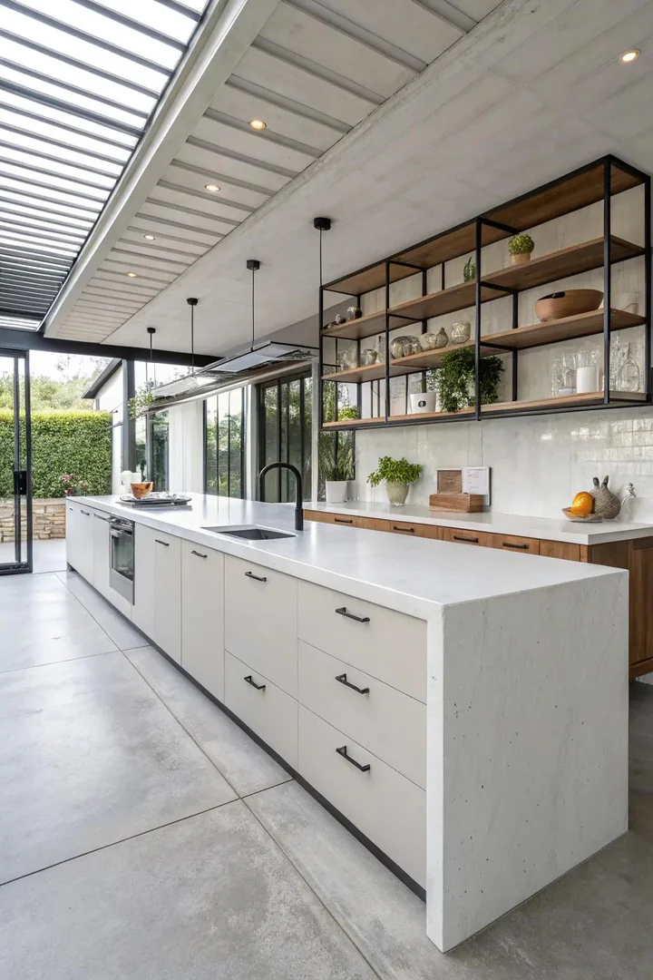 White poured concrete kitchen countertop.