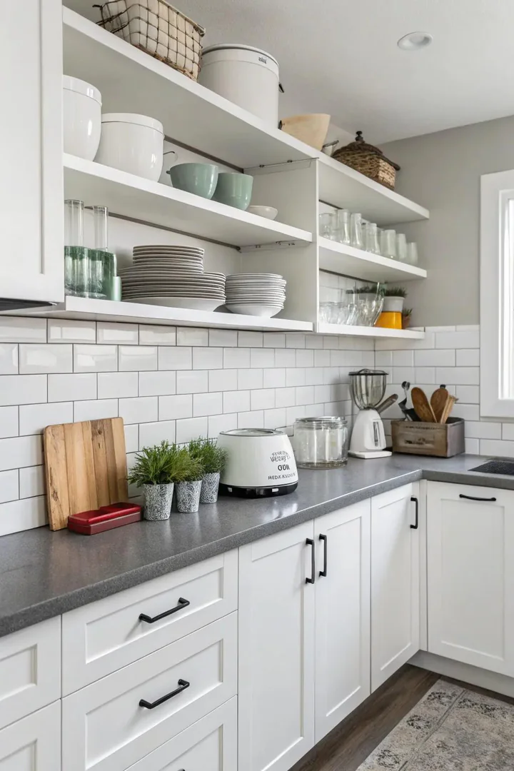 White kitchen with open shelving and honed gray marble countertops.