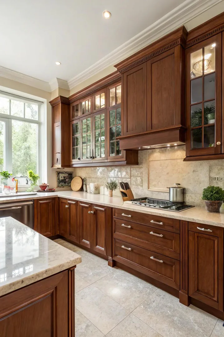 Cherry wood kitchen cabinets.