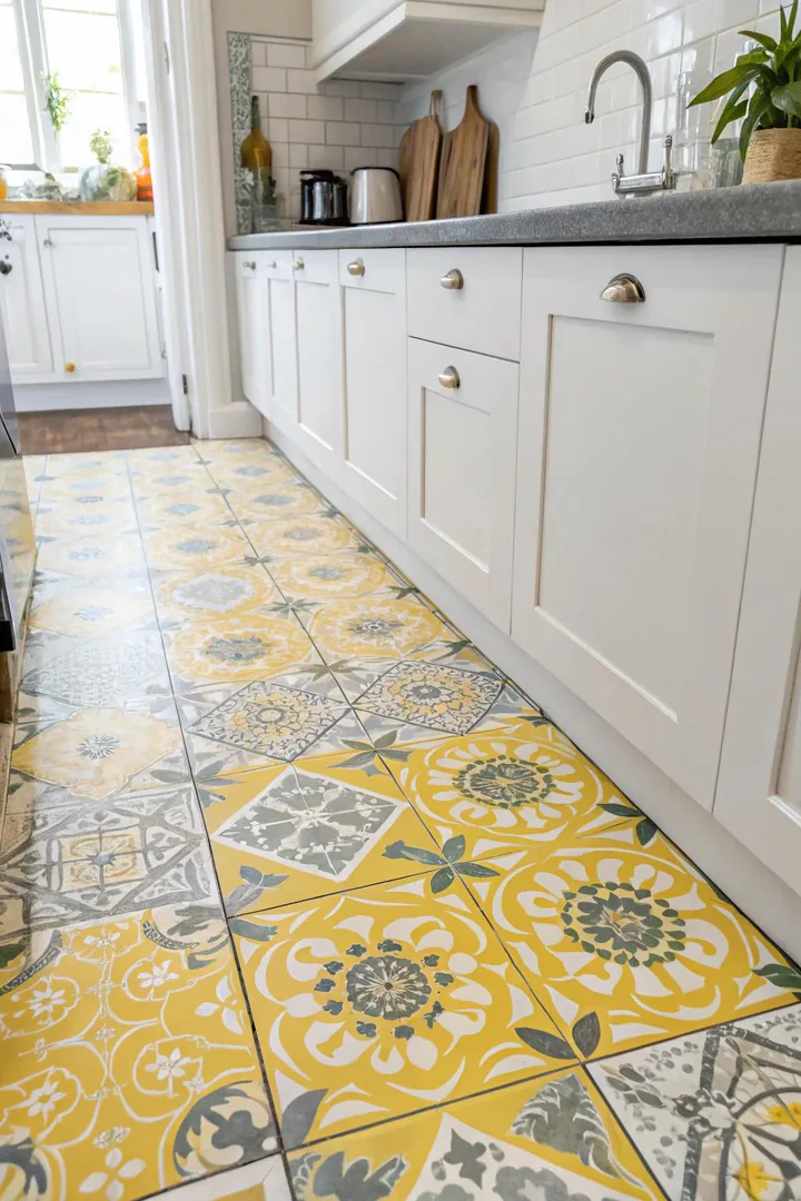 Yellow and grey patterned tiles on the kitchen backsplash.