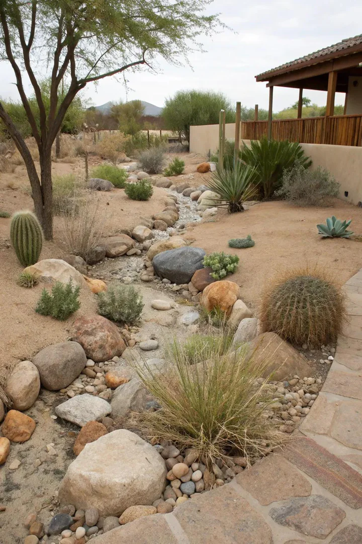 Dry stream bed made from river rock and gravel winding through a desert garden