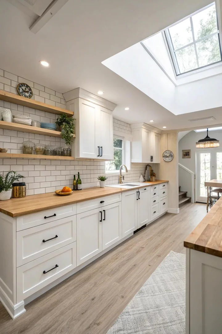 Bright white basement kitchen with reflective surfaces and recessed lighting