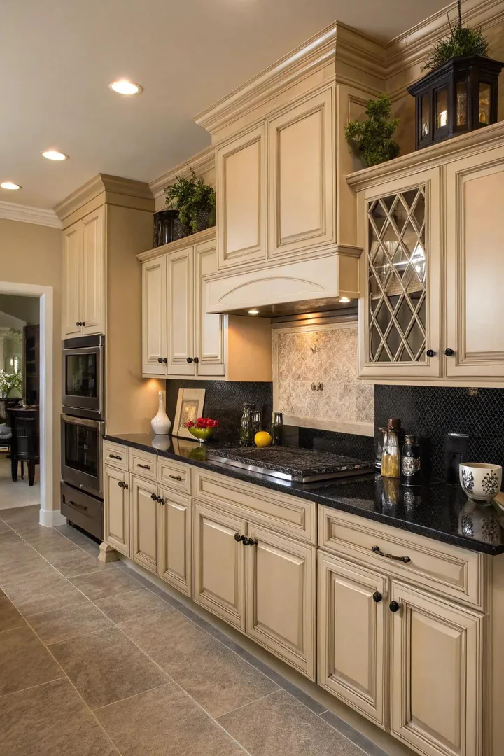 Black elements create a bold contrast with dark beige cabinets.