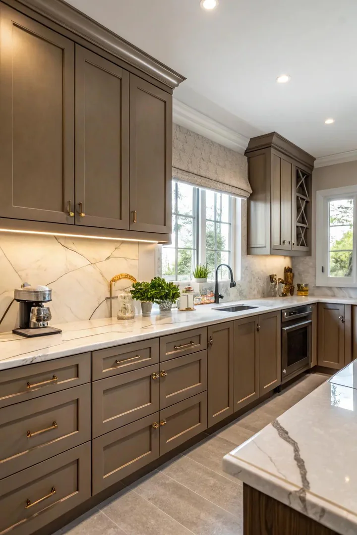 Marble countertops add elegance to dark beige kitchens.