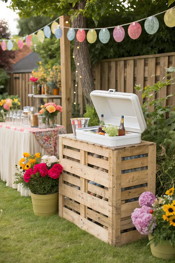 Pallet bar decorated with flower arrangements and set up for an outdoor garden party
