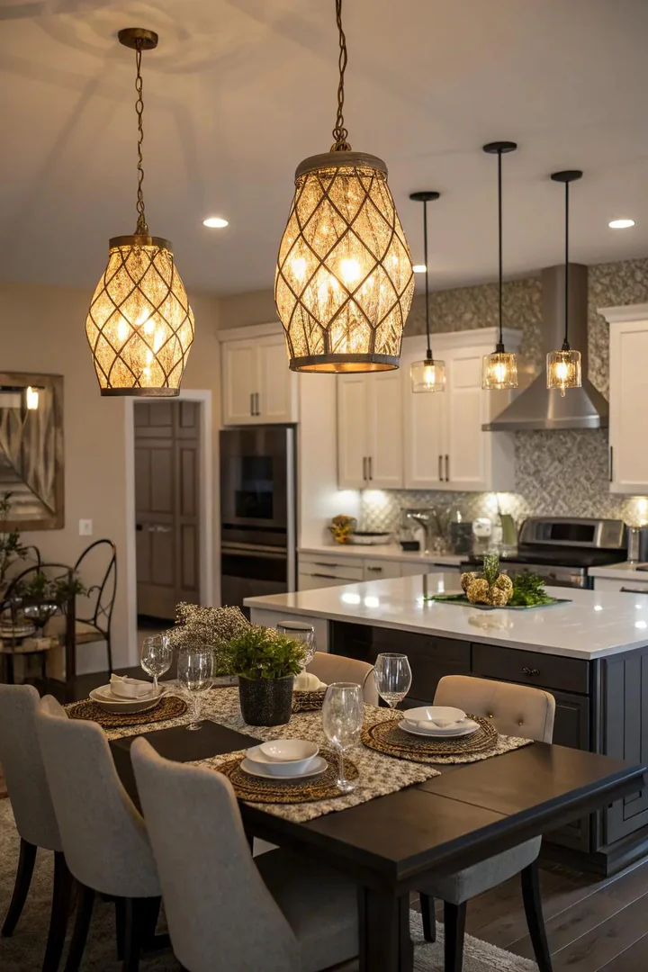 Oversized woven rattan pendant light above a small eat-in kitchen table