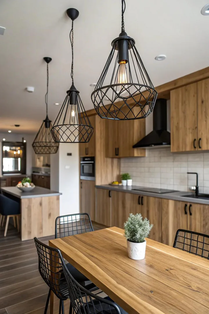 Black metal cage pendant light with an Edison bulb