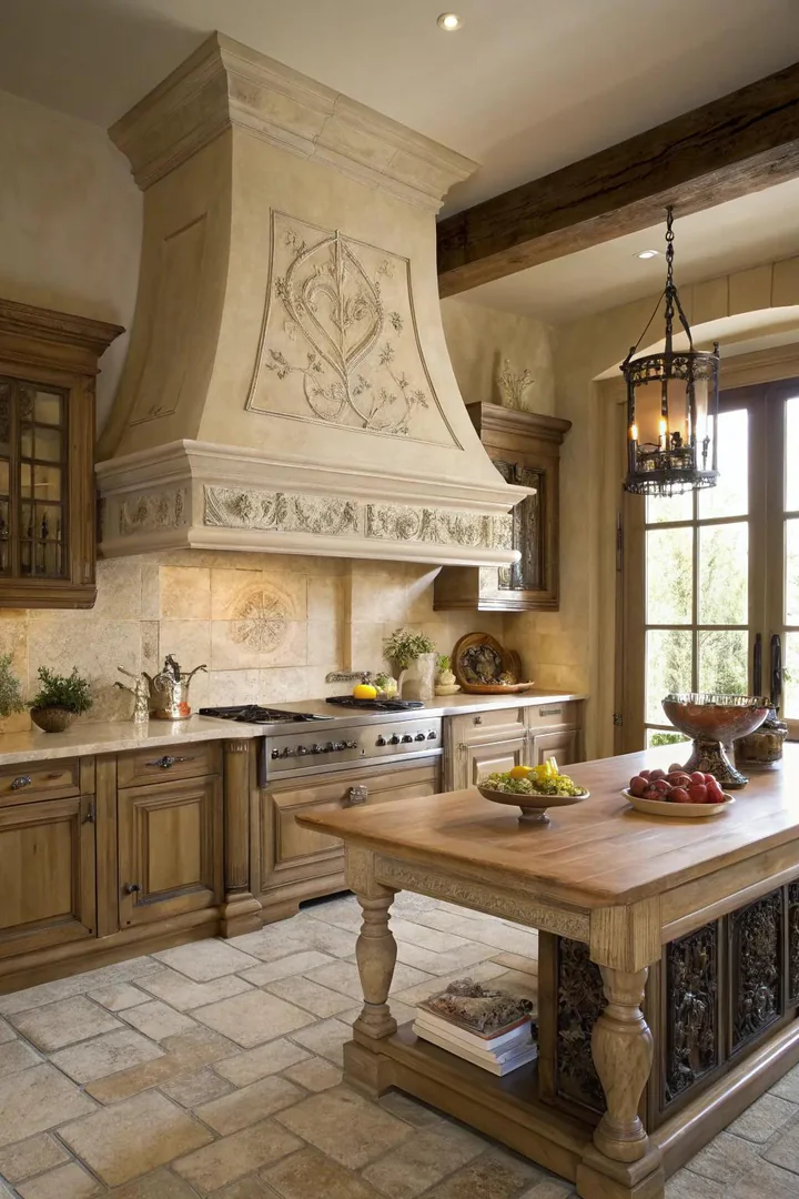 Statement range hood in a French country kitchen.