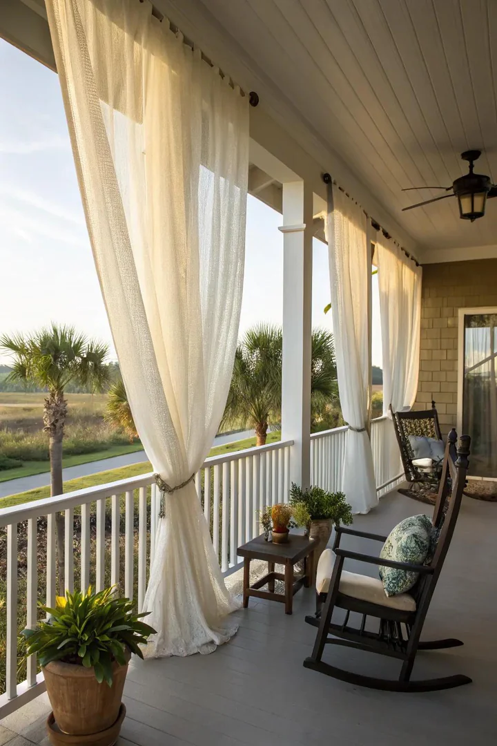 Outdoor curtains screening sun and rain on a Florida front porch.