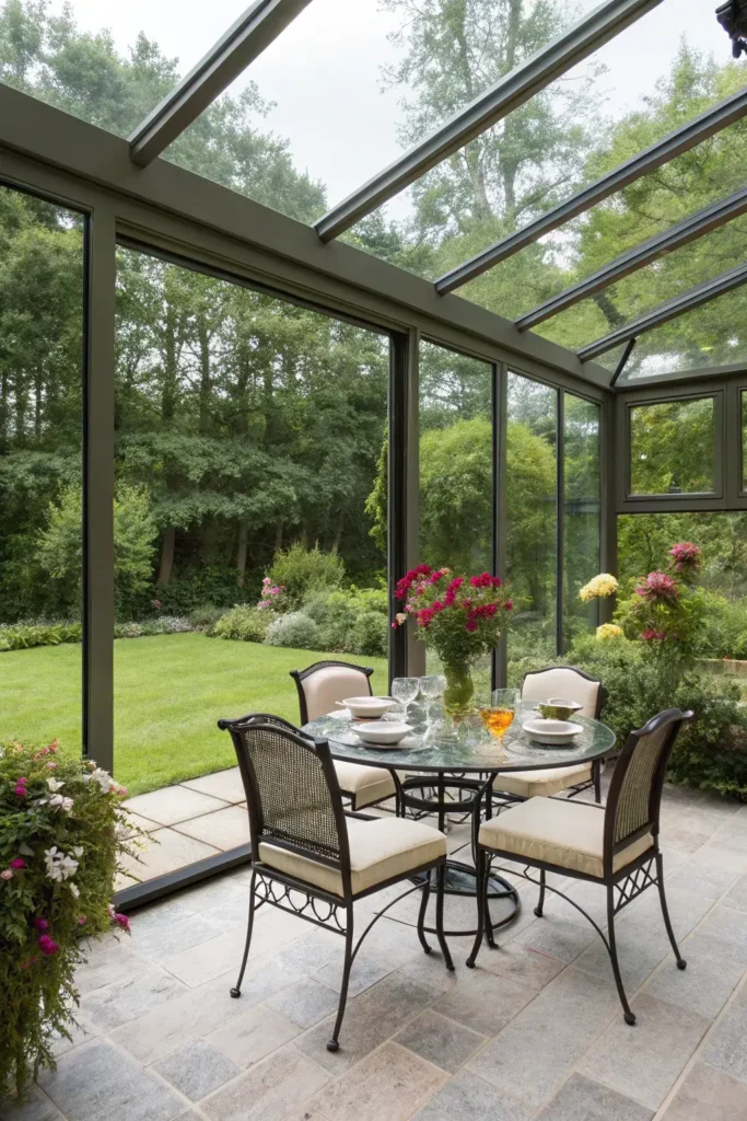 glass-enclosed sunroom set up as a formal dining room with a long table and chandelier
