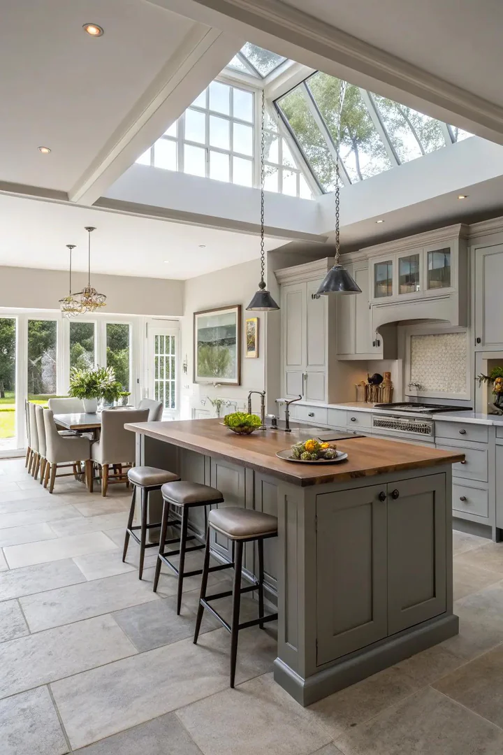 Open-layout grey kitchen cabinets with glass partition.