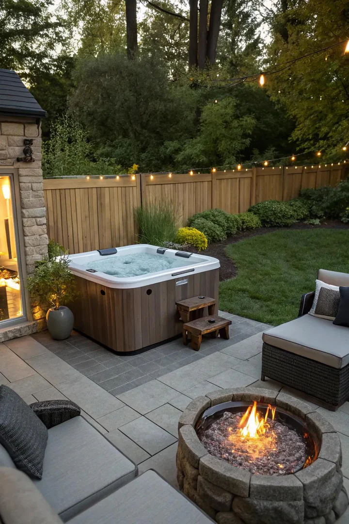 Gas fire pit burning beside a hot tub on a flagstone patio with Adirondack chairs nearby