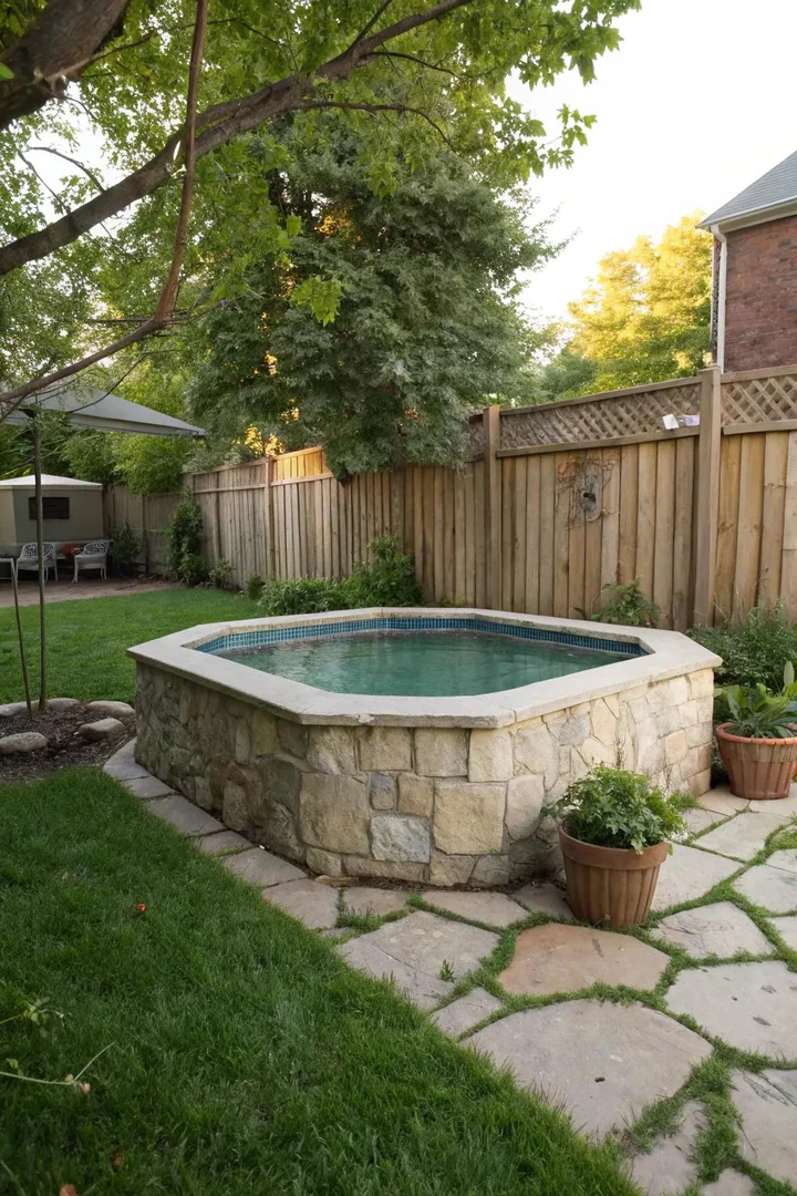 Above-ground pool with a natural stone veneer facade around the exterior walls