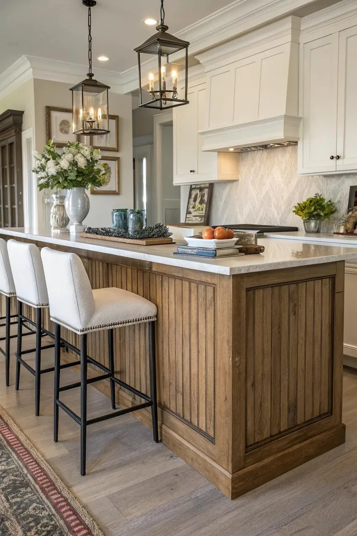 Kitchen peninsula with board-and-batten detail.