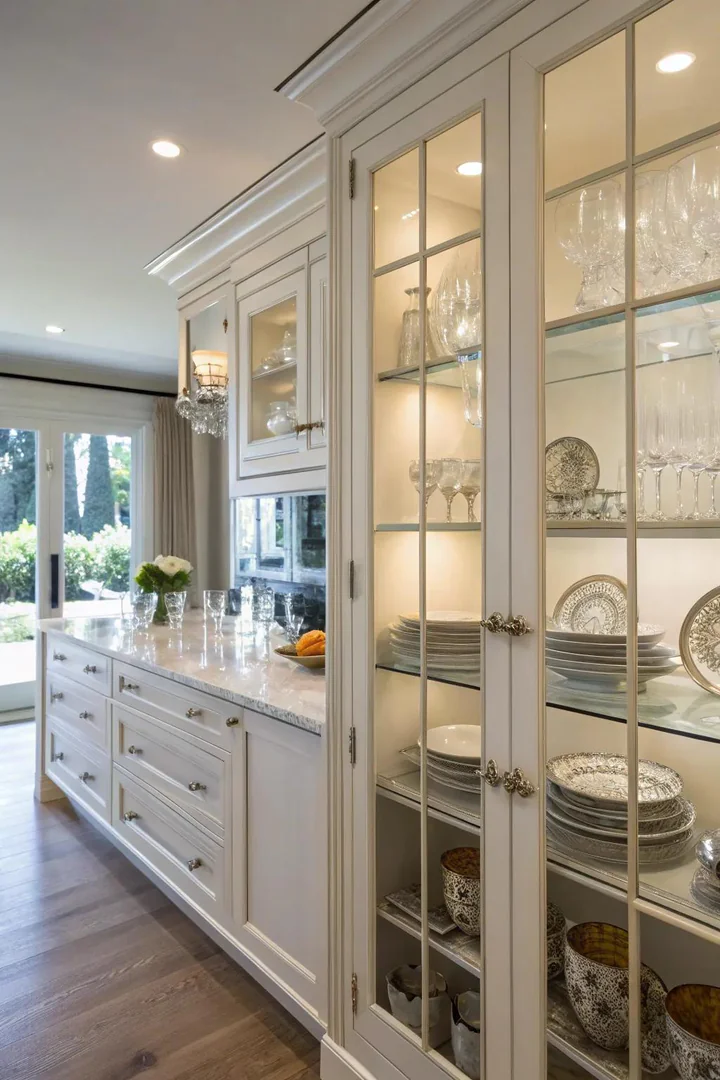 Glass-front cabinet doors in a windowless kitchen.