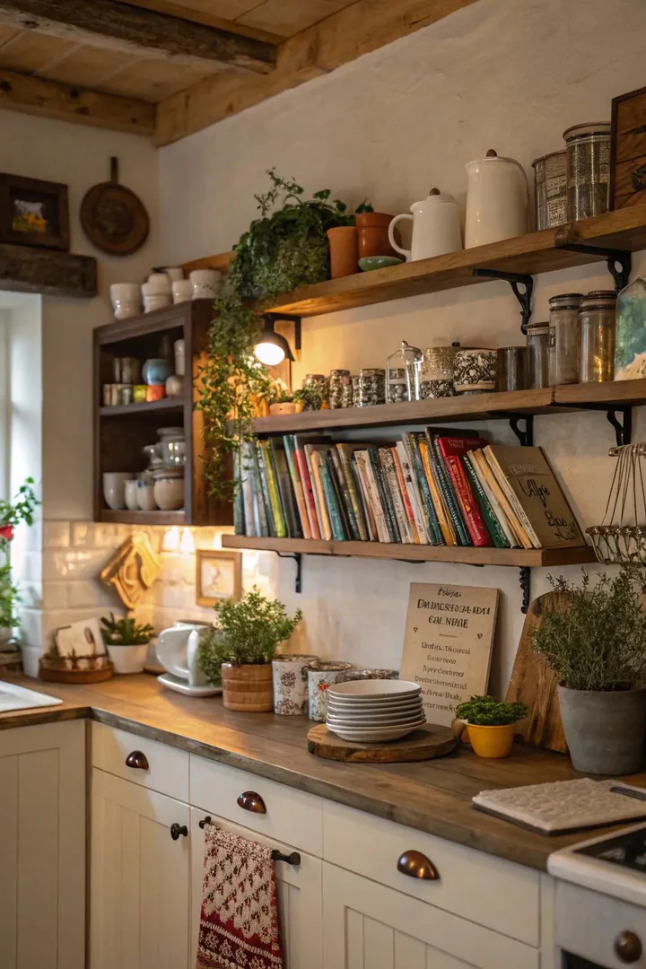 Open shelving display accent wall in a kitchen.