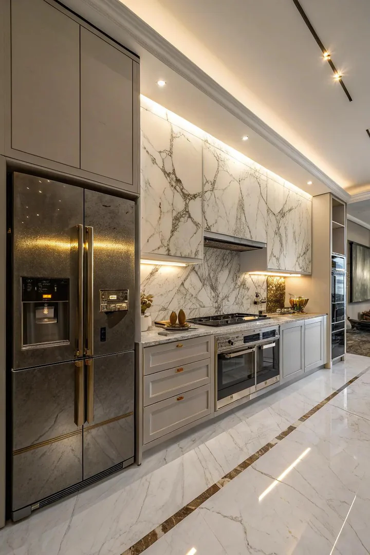 Marble slab backsplash in a kitchen.