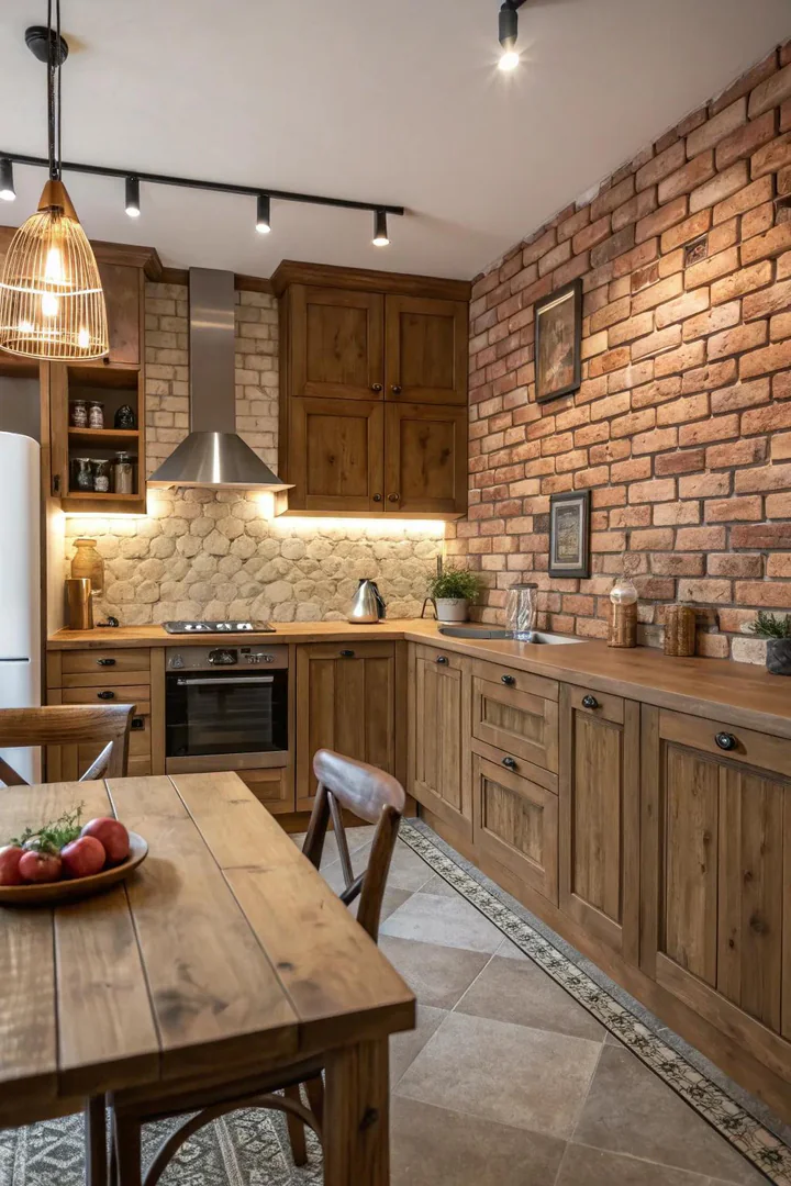 Thin brick veneer backsplash with warm red and brown tones behind a farmhouse kitchen counter
