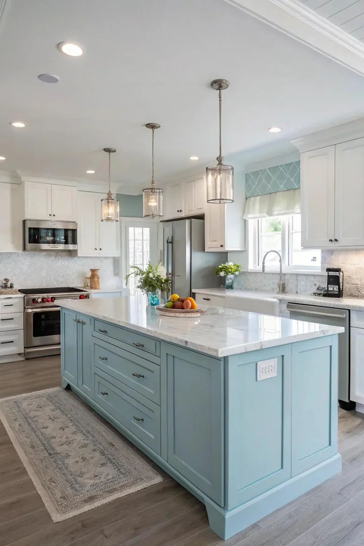 Pastel blue kitchen island beside white cabinets in a bright kitchen