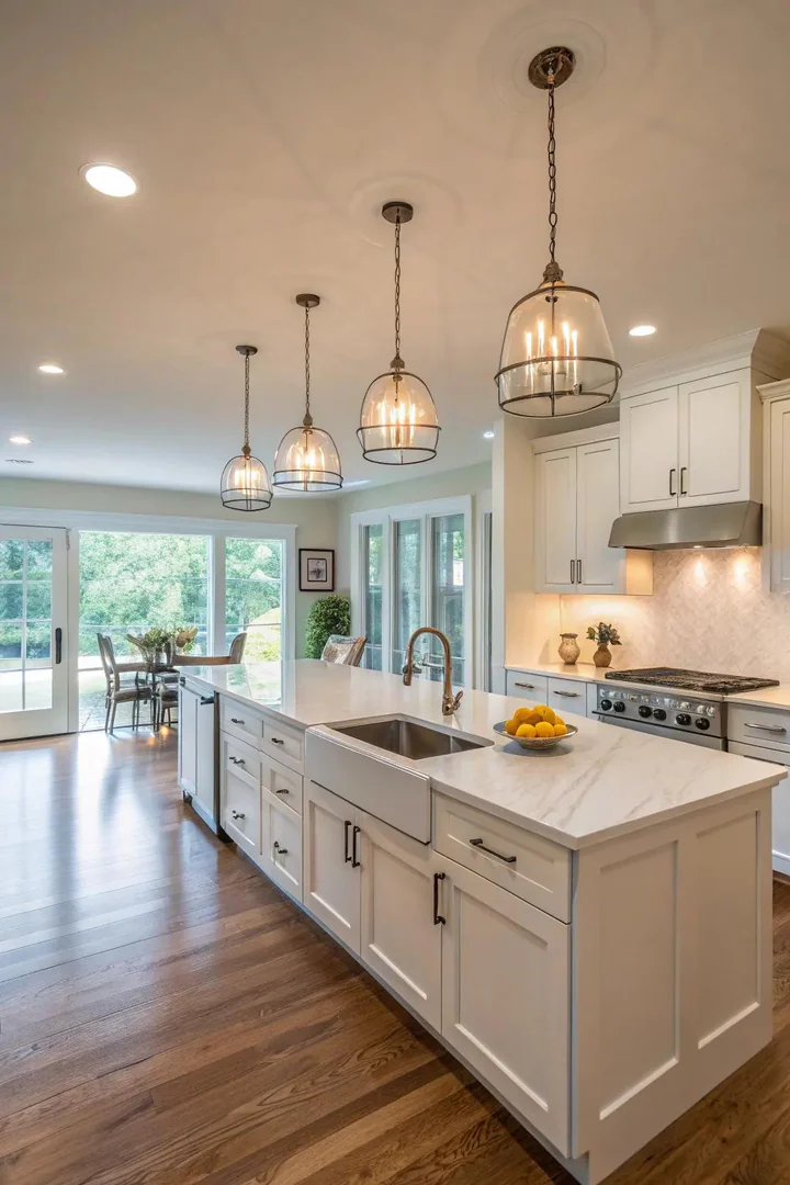 Upgraded lighting fixtures in a kitchen remodel.
