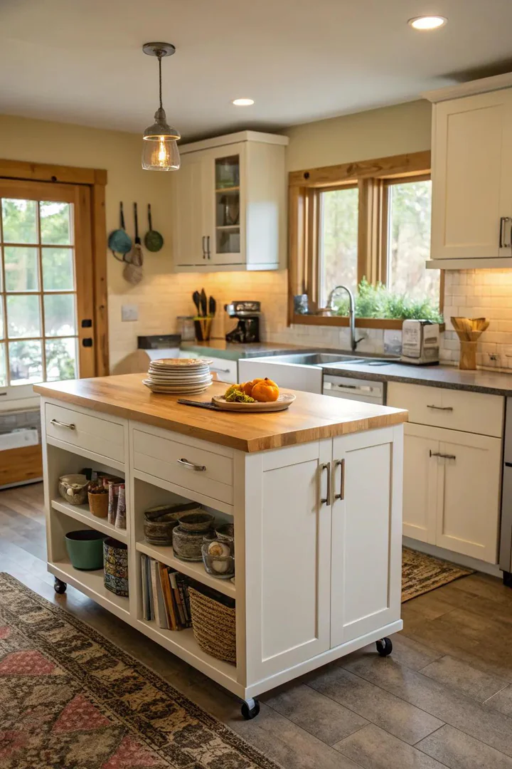 Rolling kitchen island cart with shelves and a butcher block top.