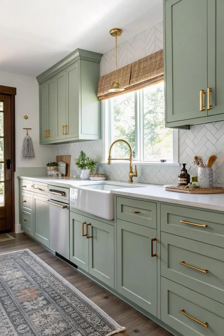 Green kitchen cabinets with gold hardware pulls.