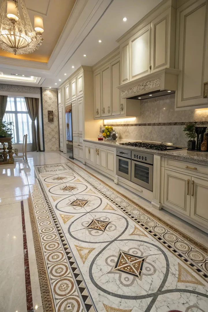 Picket-shaped marble mosaic kitchen floor.