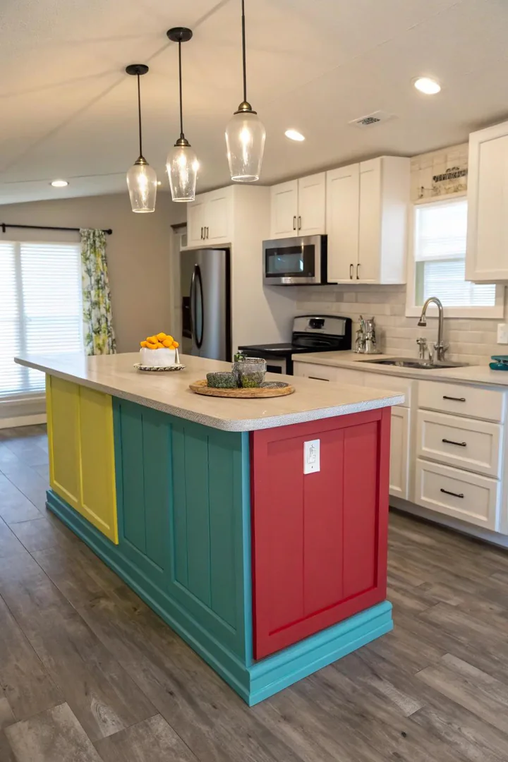 Bright red painted island standing out against white mobile home kitchen cabinets