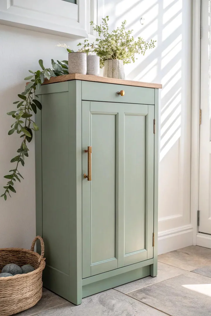 Sage green painted kitchen cabinets.