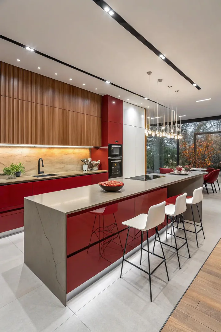 Modern red countertops in a kitchen.