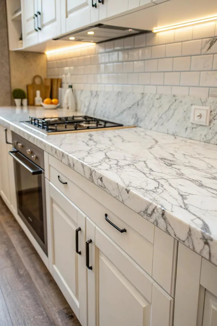 Marble-pattern contact paper covering a dated laminate countertop
