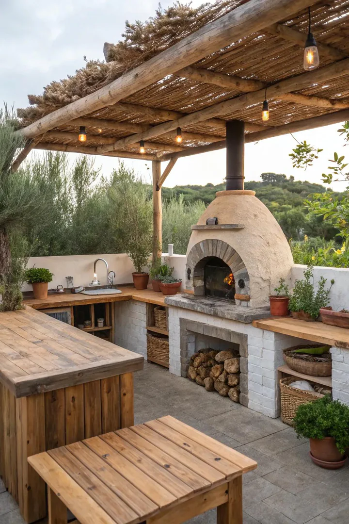 Rustic pallet-wood outdoor kitchen.
