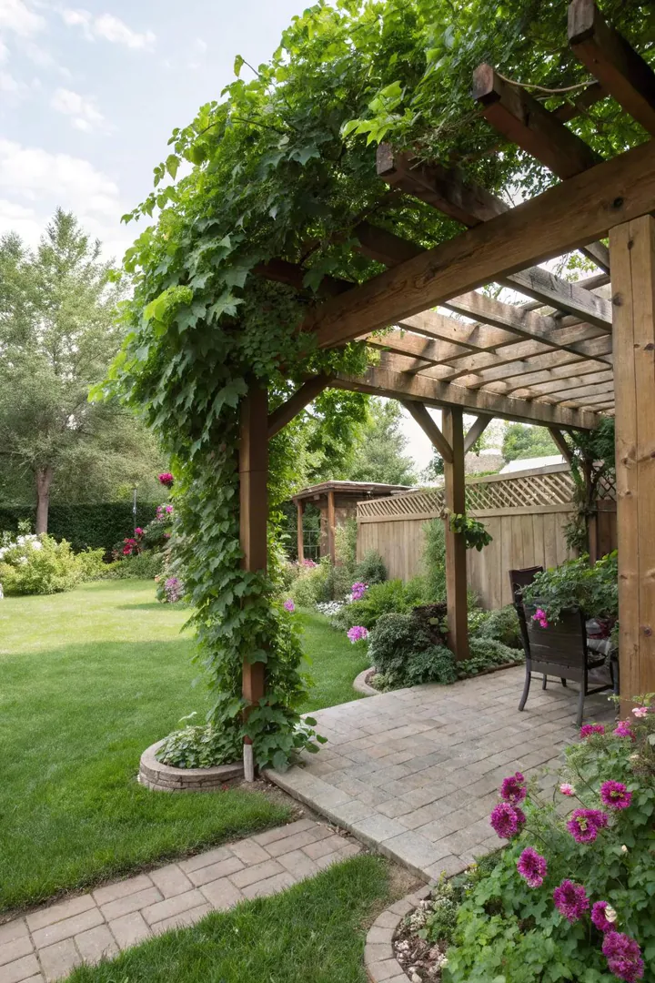Wall-mounted pergola providing partial shade over a small backyard patio dining area