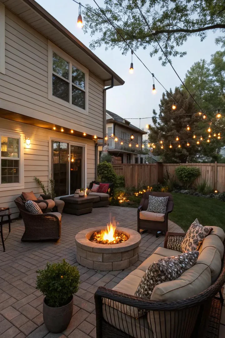 Tabletop propane fire bowl centered on a small townhouse patio with chairs gathered around