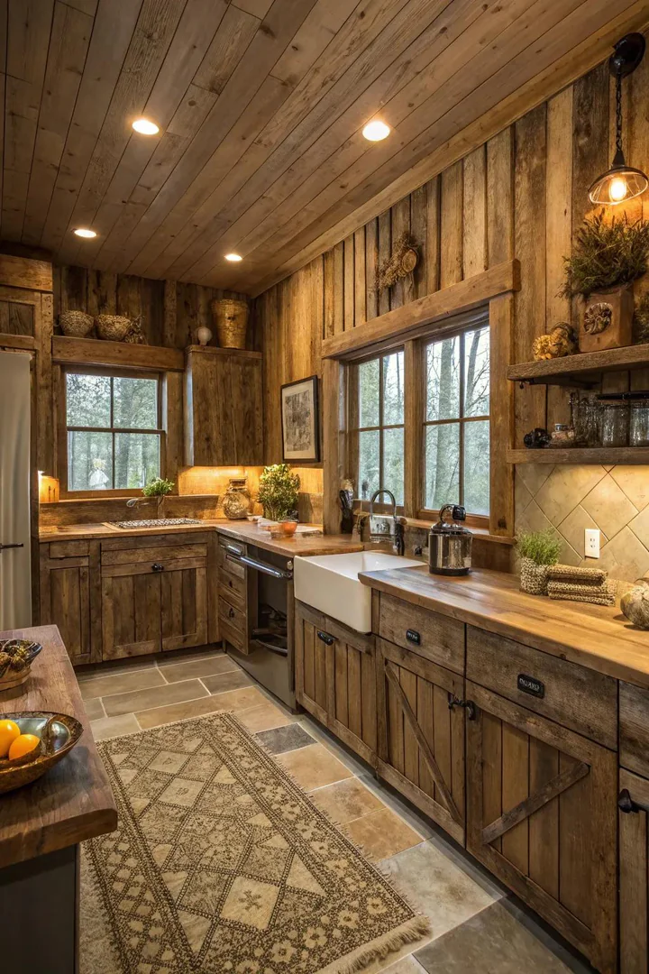 Rustic reclaimed wood wainscoting in a kitchen.