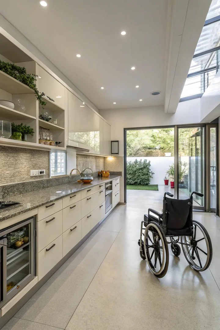 U-shape and L-shape wheelchair accessible kitchen layouts.